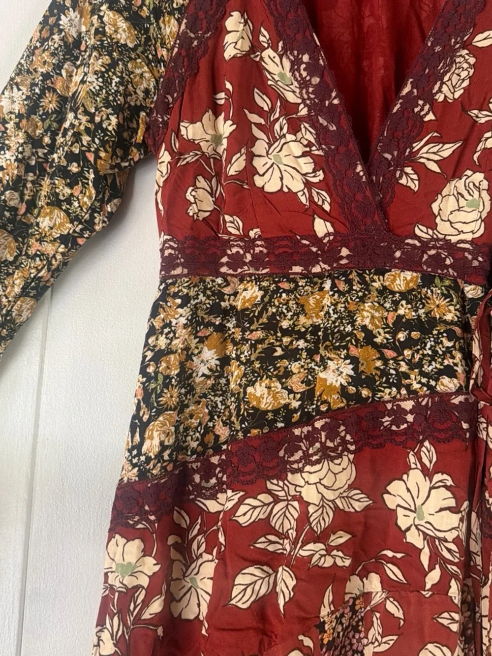 Free People Rust and Black Floral Long Sleeve Wrap Maxi Dress